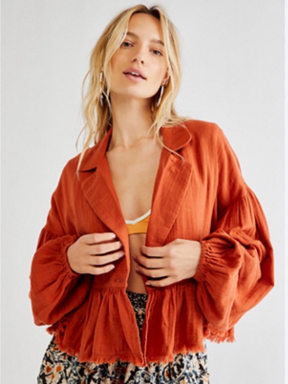 Free People Rust-Orange Ruffled Button Jacket